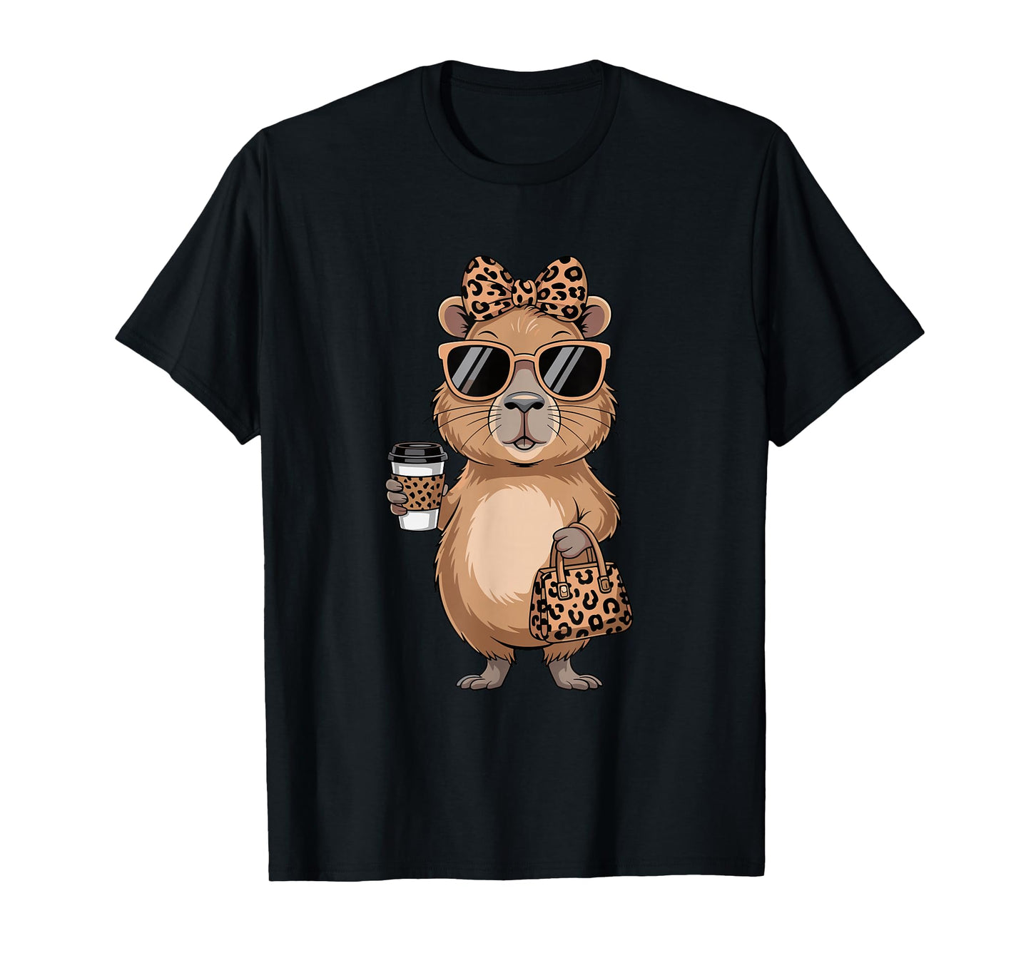 Fashion Funny Leopard Capybara Coffee Cute Women Girls T-Shirt