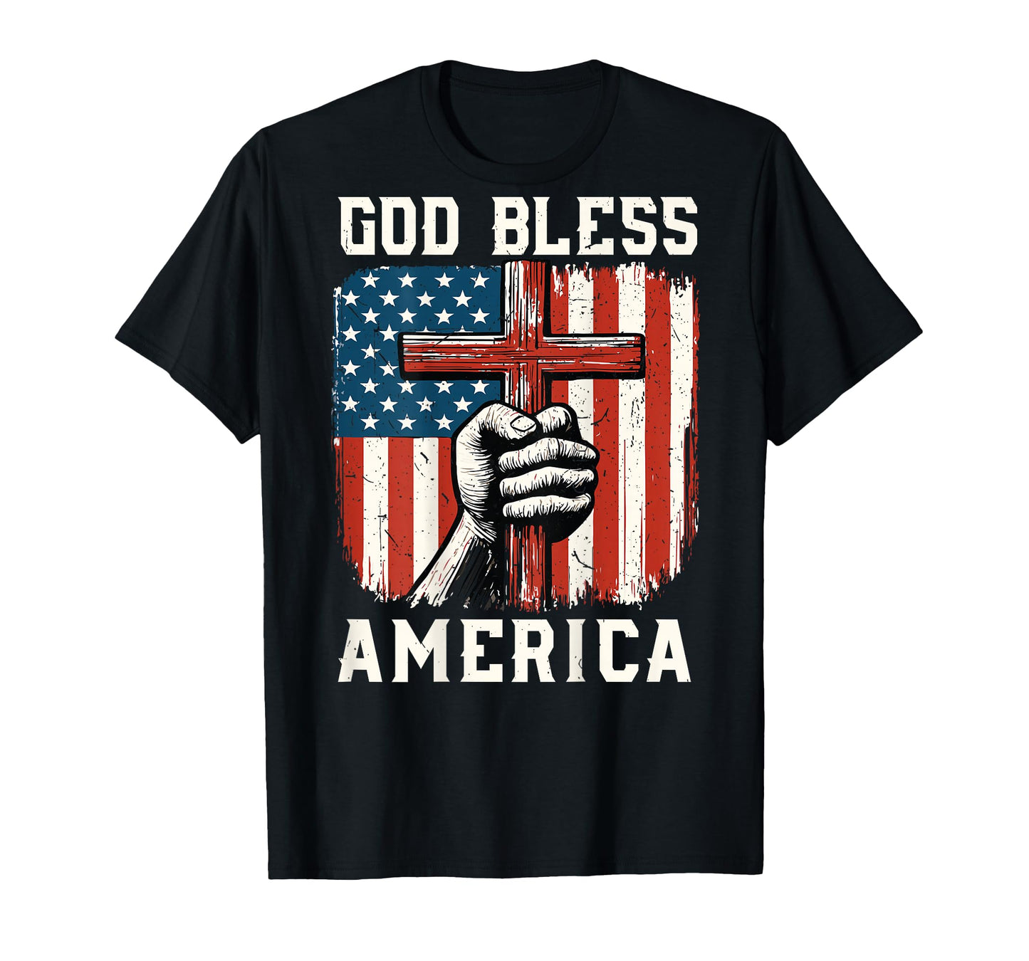 On-Back God Bless America Christian Patriotic Cross USA Flag T-Shirt