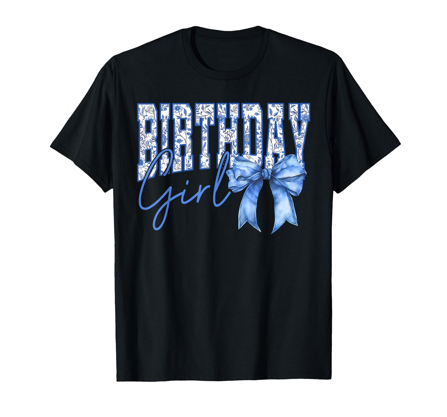 Birthday Girl Coquette Blue Toile Bow Girly Aesthetic Kids T-Shirt