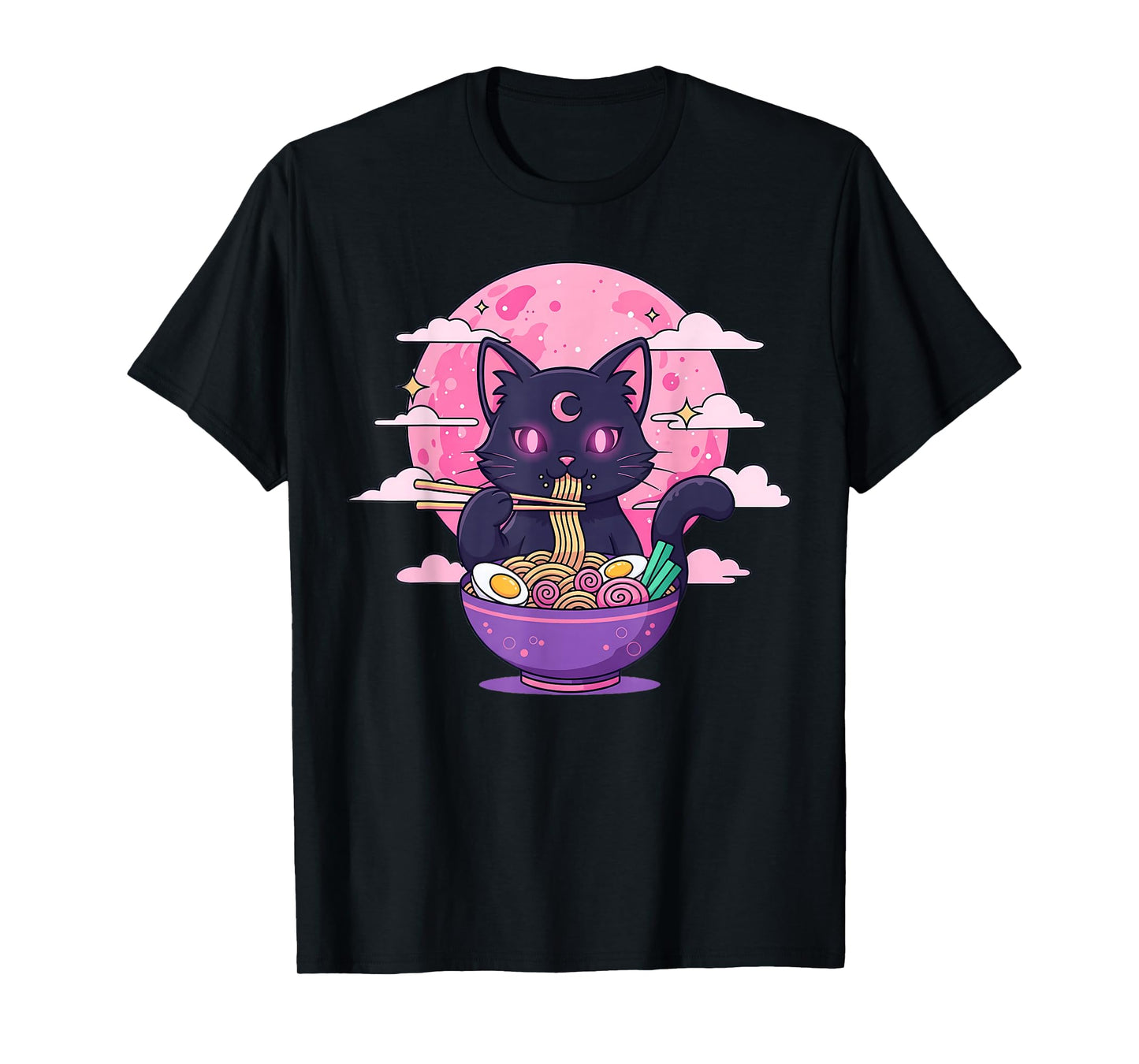 Pastel Goth Aesthetic Kawaii Creepy Cat Eating Ramen Noodles T-Shirt