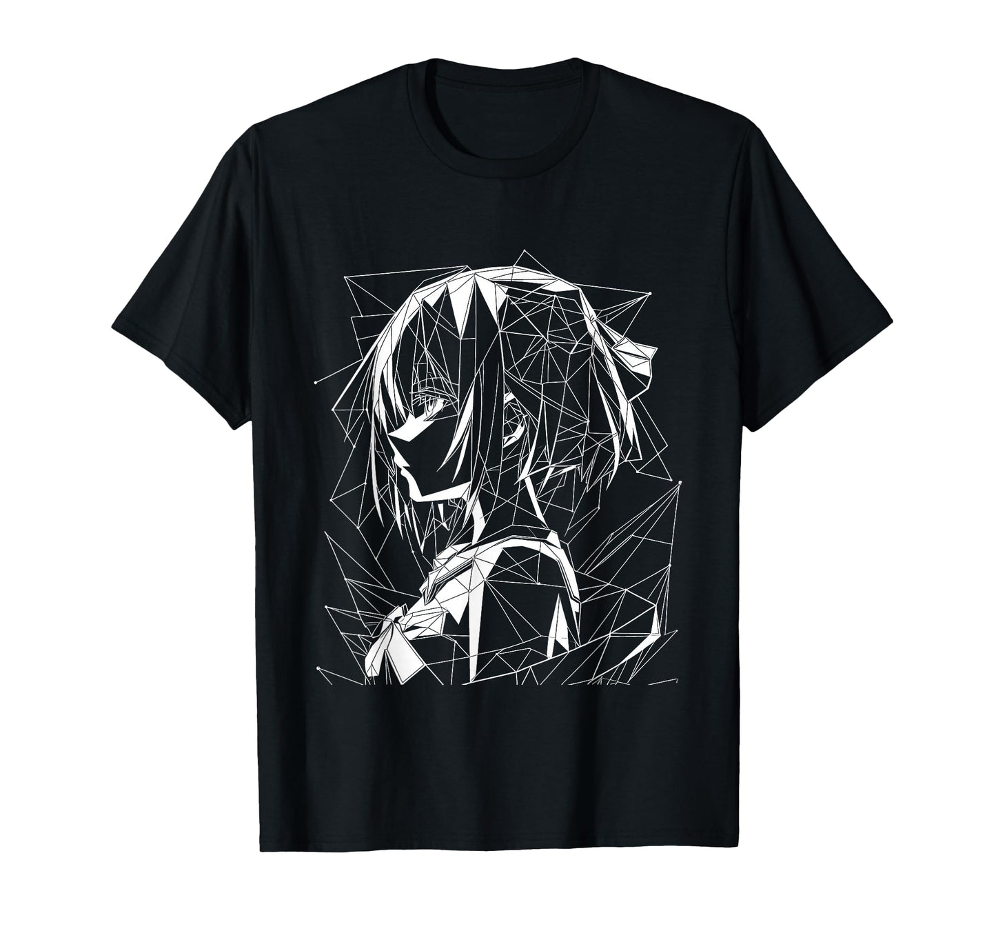 Anime Girl Geometrical Line Art Black and White Silhouette T-Shirt