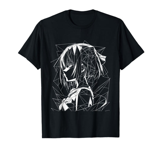 Anime Girl Geometrical Line Art Black and White Silhouette T-Shirt