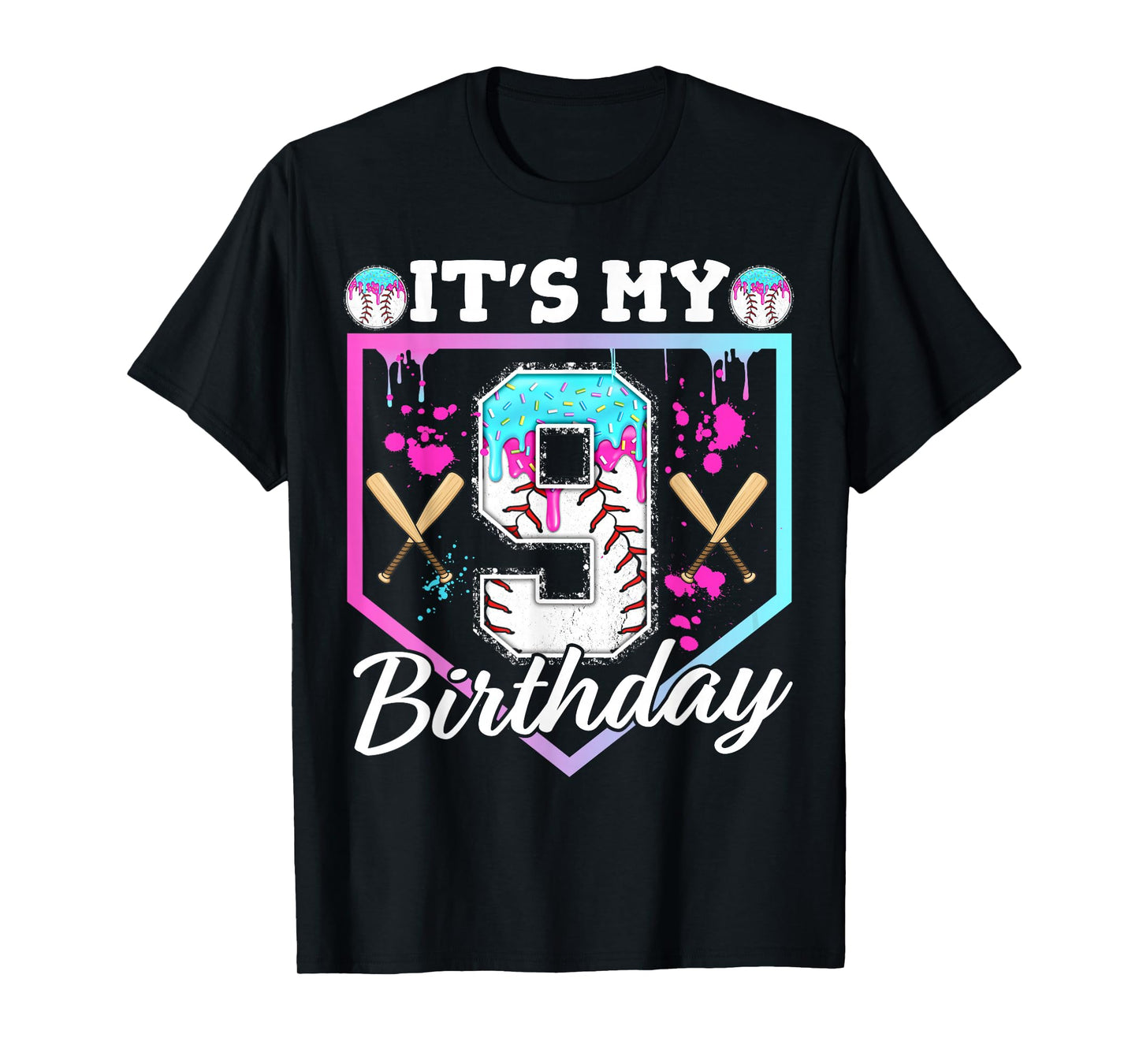 Baseball Drip 9 Year Old Ice Cream 9th Birthday Boy Dripping T-Shirt