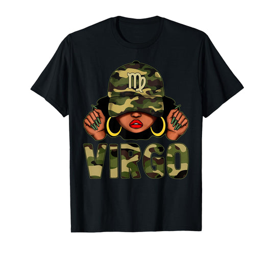 Virgo Queen Black Woman With Cap Camo Afro Girl Zodiac T-Shirt