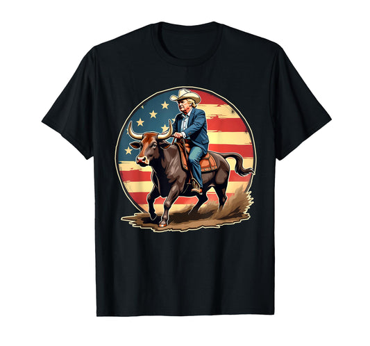 Trump Bull Rider Tee American Flag USA Riding Rodeo Cowboy T-Shirt