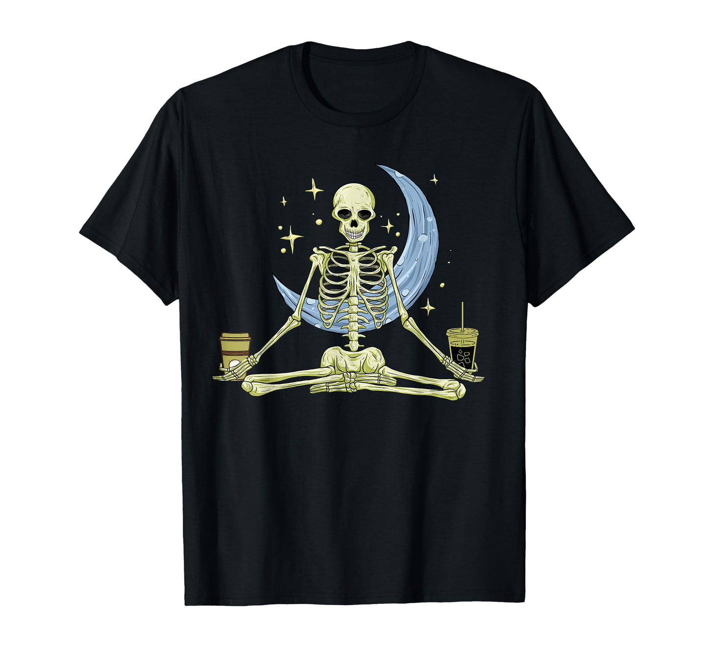 Skeleton Doing Yoga And Drinking Coffee Funny Meditation T-Shirt