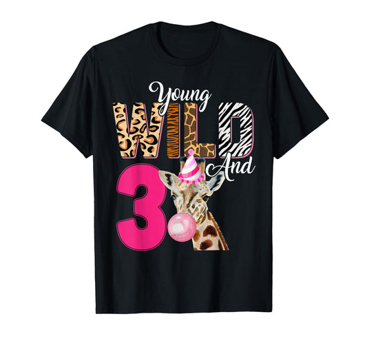 Kids 3rd Birthday Young Wild and Three 3 Year Old Giraffe T-Shirt