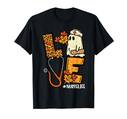 Leopard Ghost Nurse Halloween Costume Fall Scrub Top Women T-Shirt