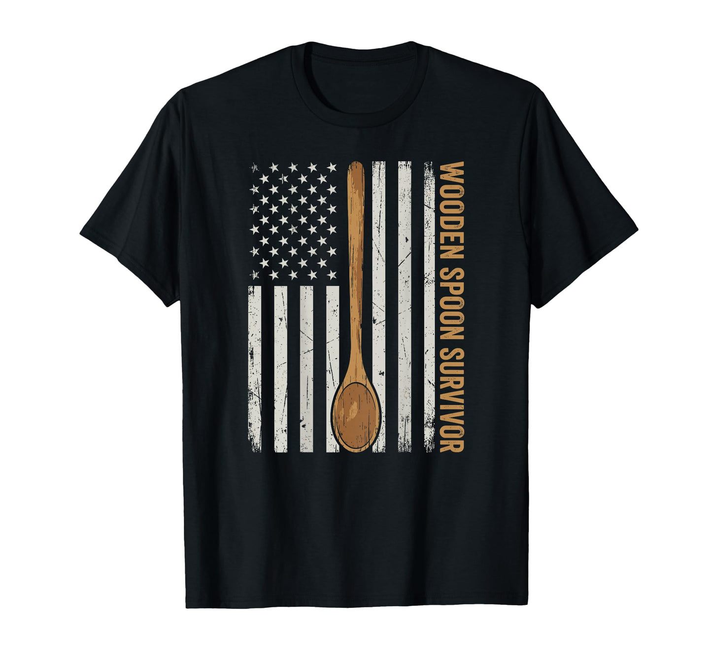 Wooden Spoon Survivor American Flag Funny Gen X (on Back) T-Shirt