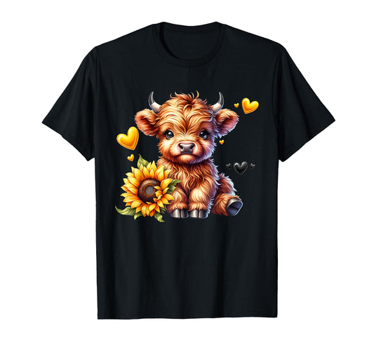 Cute Highland Cow with Sunflower Women Girl T-Shirt