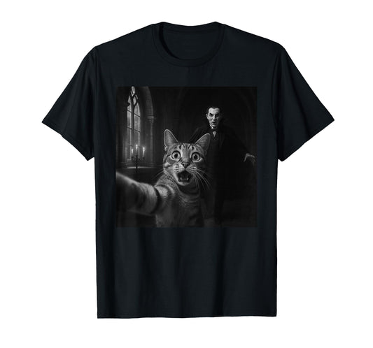 Funny Halloween Surprised Scared Cat Selfie Dracula Vampire T-Shirt