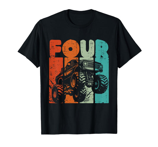 Kids 4th Birthday Monster Truck Four Retro 4 Year Old Bday Boys T-Shirt