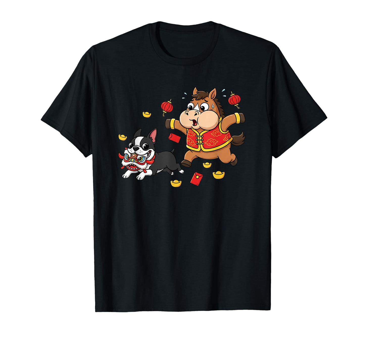Chinese Horse Boston Terrier Kids Mens Womens Happy New Year T-Shirt