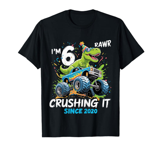 Kids 6th Birthday Monster Truck Dinosaur 6 Year Old boy Born 2020 T-Shirt