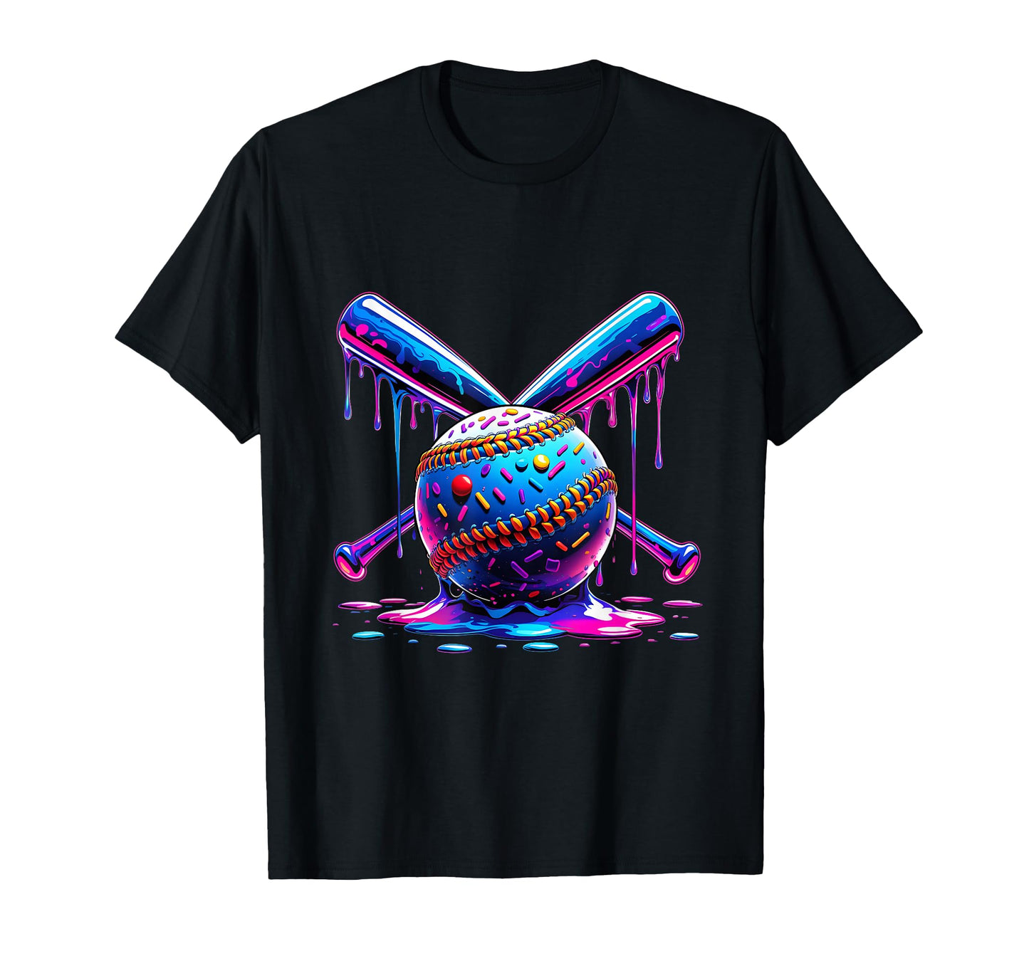 Neon Dripping Baseball and Bats Colorful Sports Art T-Shirt