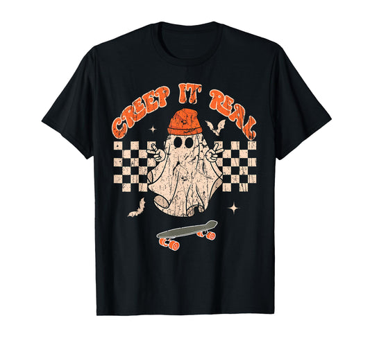 Creep It Real Skateboarding Ghost Retro Halloween Costume T-Shirt
