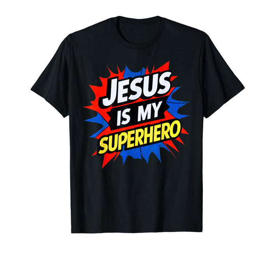 Jesus Is My Superhero Christian God Religious Comic Kids Boy T-Shirt