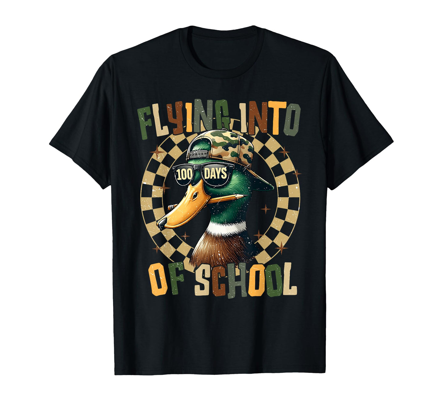 Flyin Into 100 Days of School Duck Hunting Camo Cap Men Boy T-Shirt