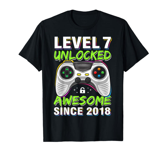 Level 7 Unlocked Awesome Since 2018 7th Birthday Gaming Boys T-Shirt