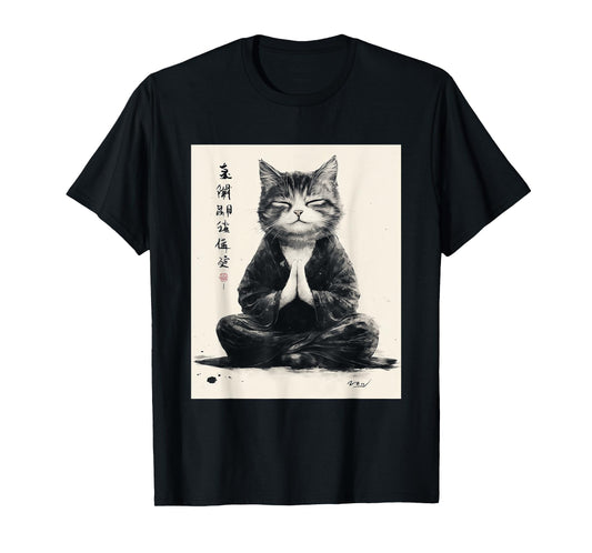 Zen Cat T-Shirt - Meditating Japanese Art Style Graphic Tee T-Shirt for Men Women Kids