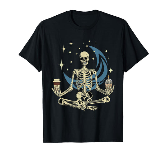 Skeleton Doing Yoga And Drinking Coffee Funny Meditation T-Shirt