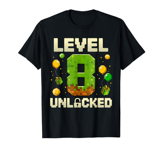 Birthday Boy Shirt Level 8 Unlocked 8th Birthday Game Pixel T-Shirt