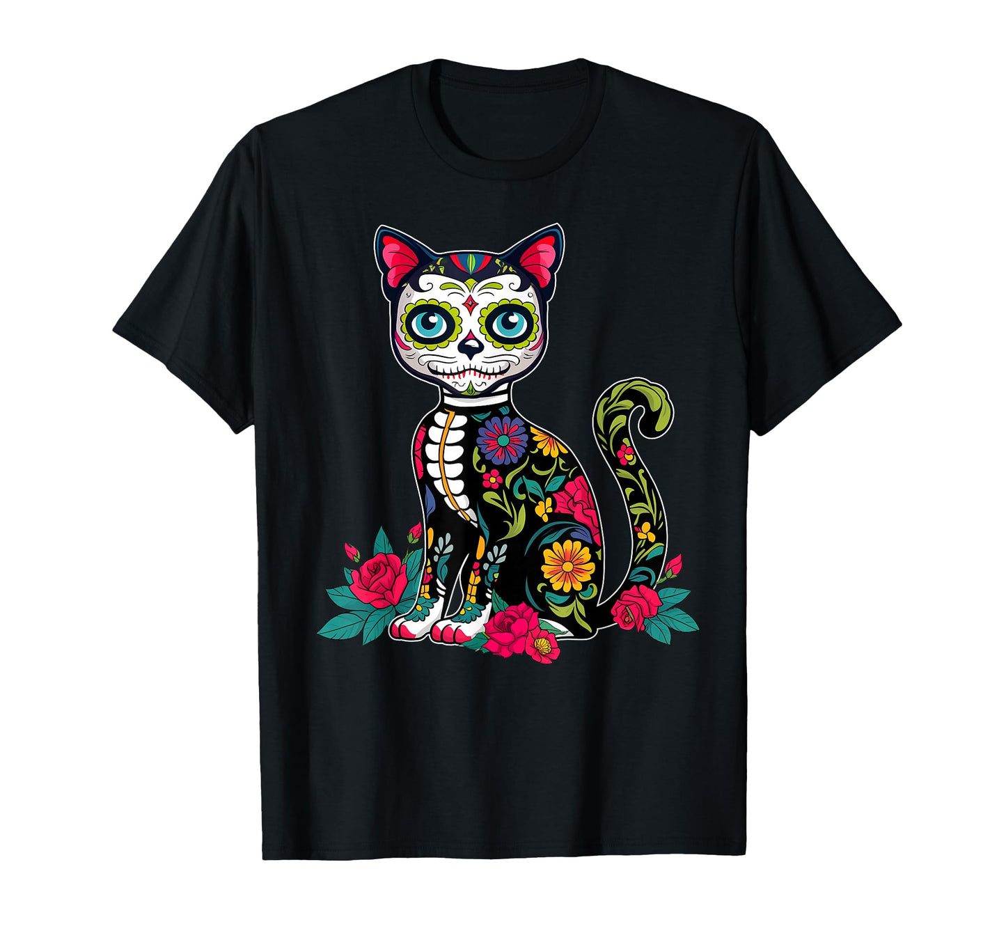 Sugar Skull Cat Dia De Muertos Day Of Dead Halloween Mexican T-Shirt