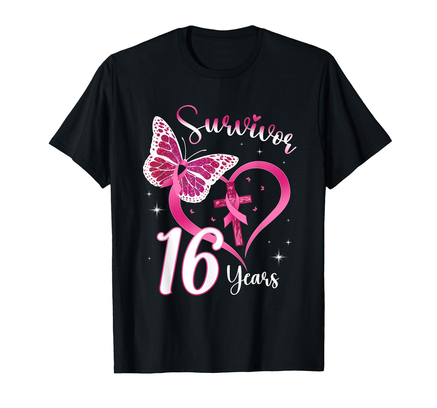 Breast Cancer Survivor Pink Ribbon Butterfly 16 Years Gift T-Shirt