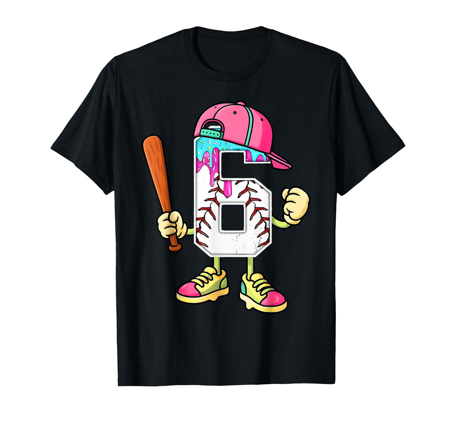 Baseball 6th Birthday Boy Ice Cream Drip 6 Year Old Birthday T-Shirt