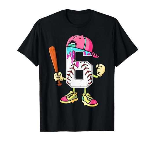 Baseball 6th Birthday Boy Ice Cream Drip 6 Year Old Birthday T-Shirt