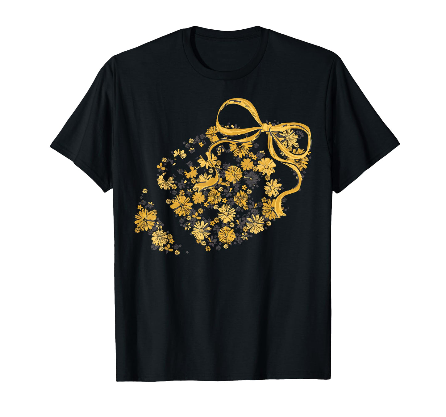 Floral Football Game Day Coquette Team Spirit Gold & Black T-Shirt