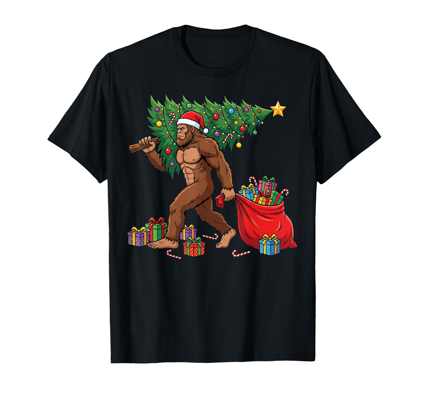 Bigfoot Christmas Tree Lights Xmas Boys Men Sasquatch T-Shirt