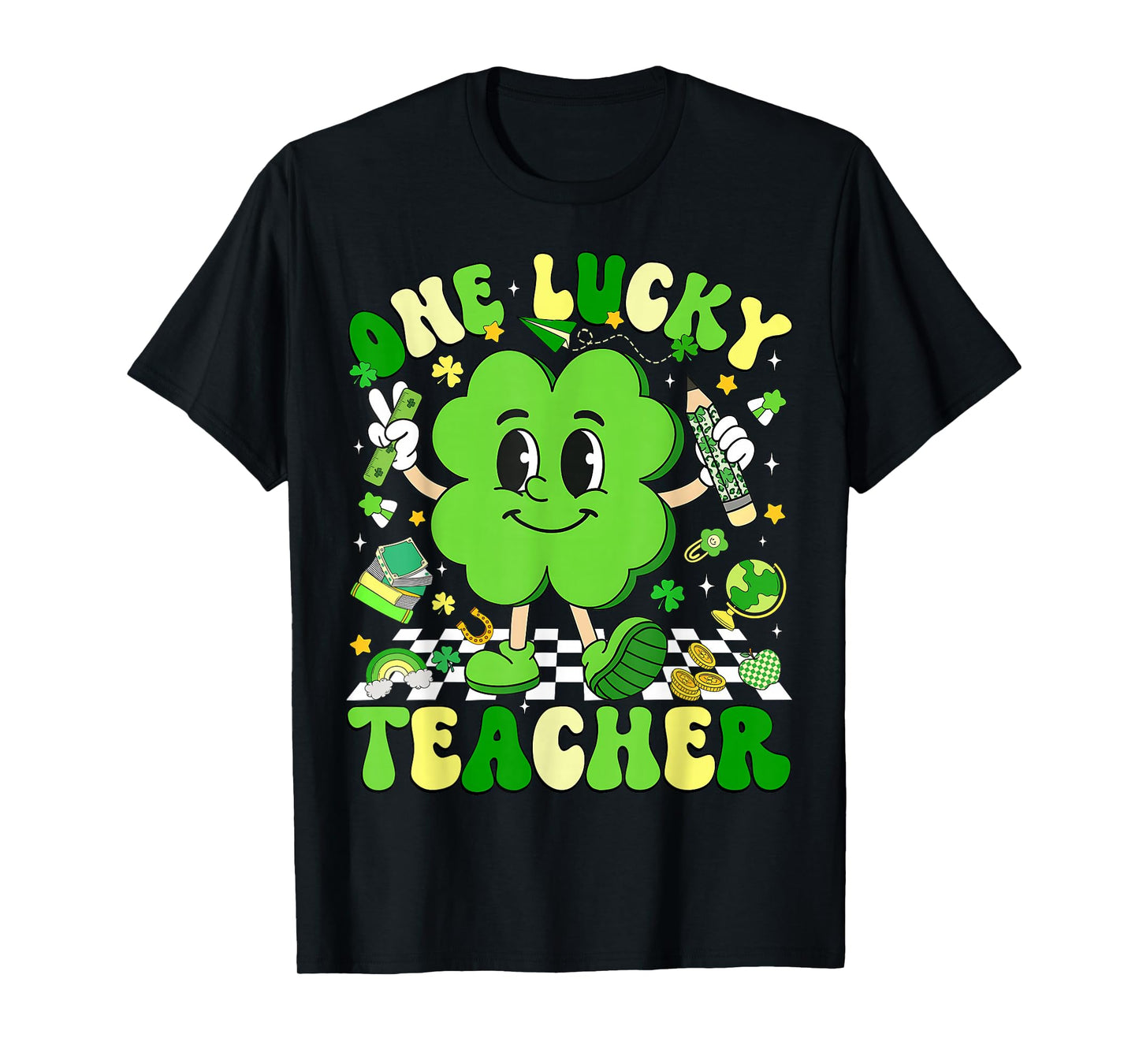 Groovy Shamrock One Lucky Teacher St Patricks Day Women Men T-Shirt