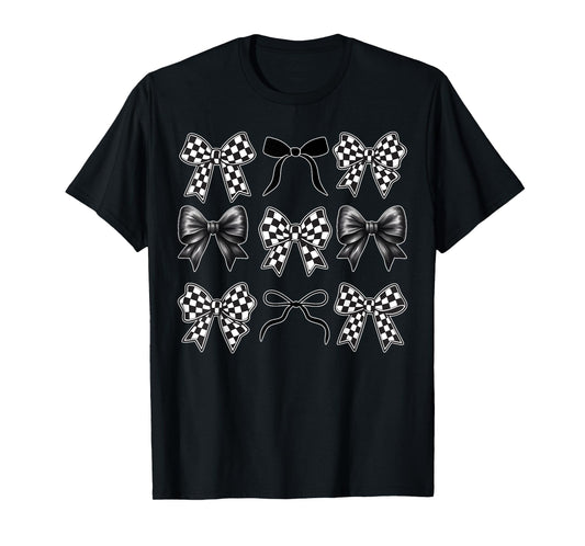 Coquette Bow Checkered Flag Race Car Racing Women Cute T-Shirt