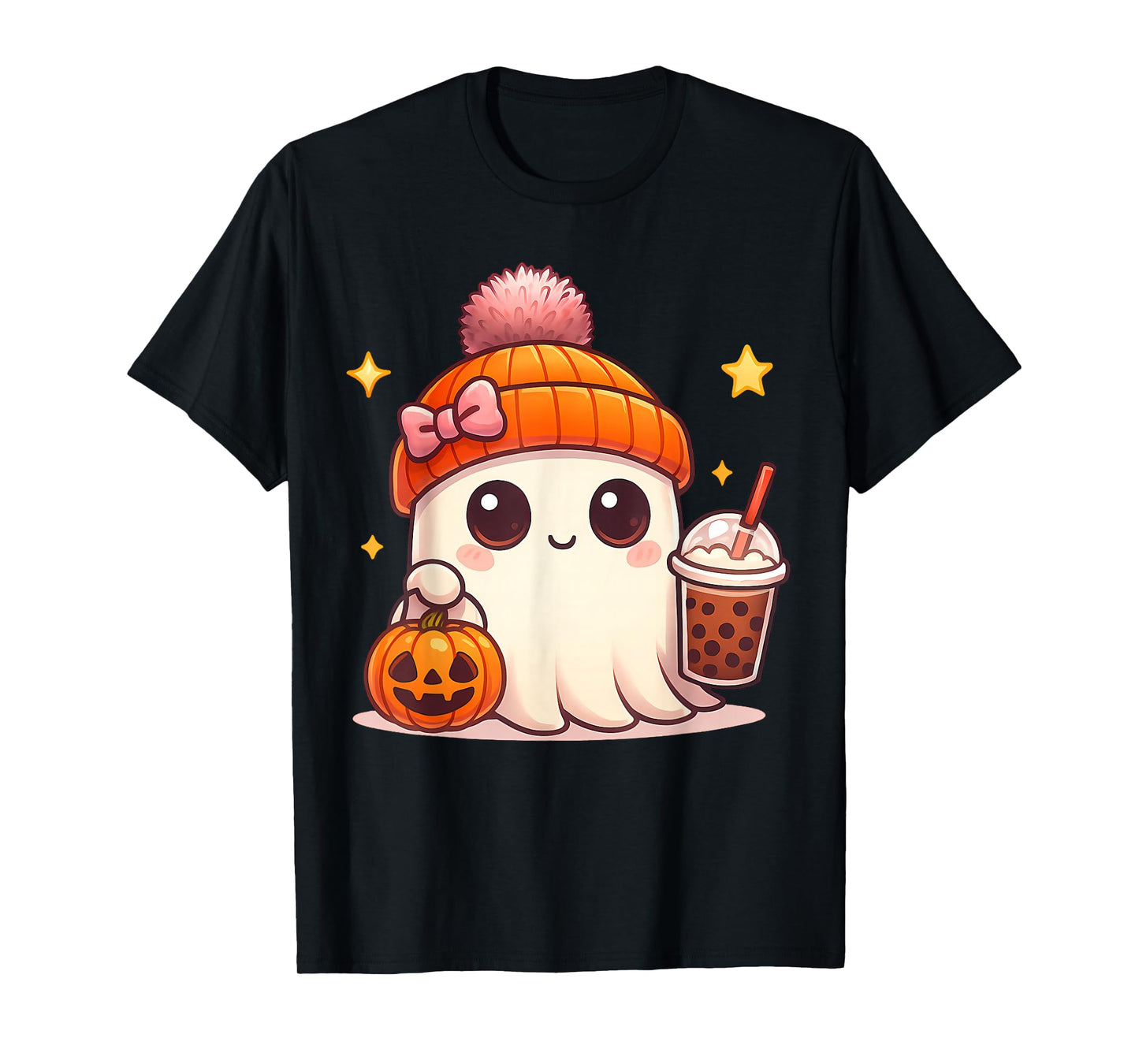 Kawaii Ghost Drinking Pumpkin Boba Tea Cute Ghost Halloween T-Shirt