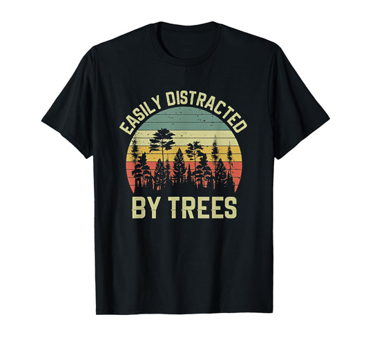 Wekon Easily Distracted By Trees Vintage Funny Tree T-Shirt - Unisex - Black - Small - Short Sleeve - Crew Neck - Retro Tree Print