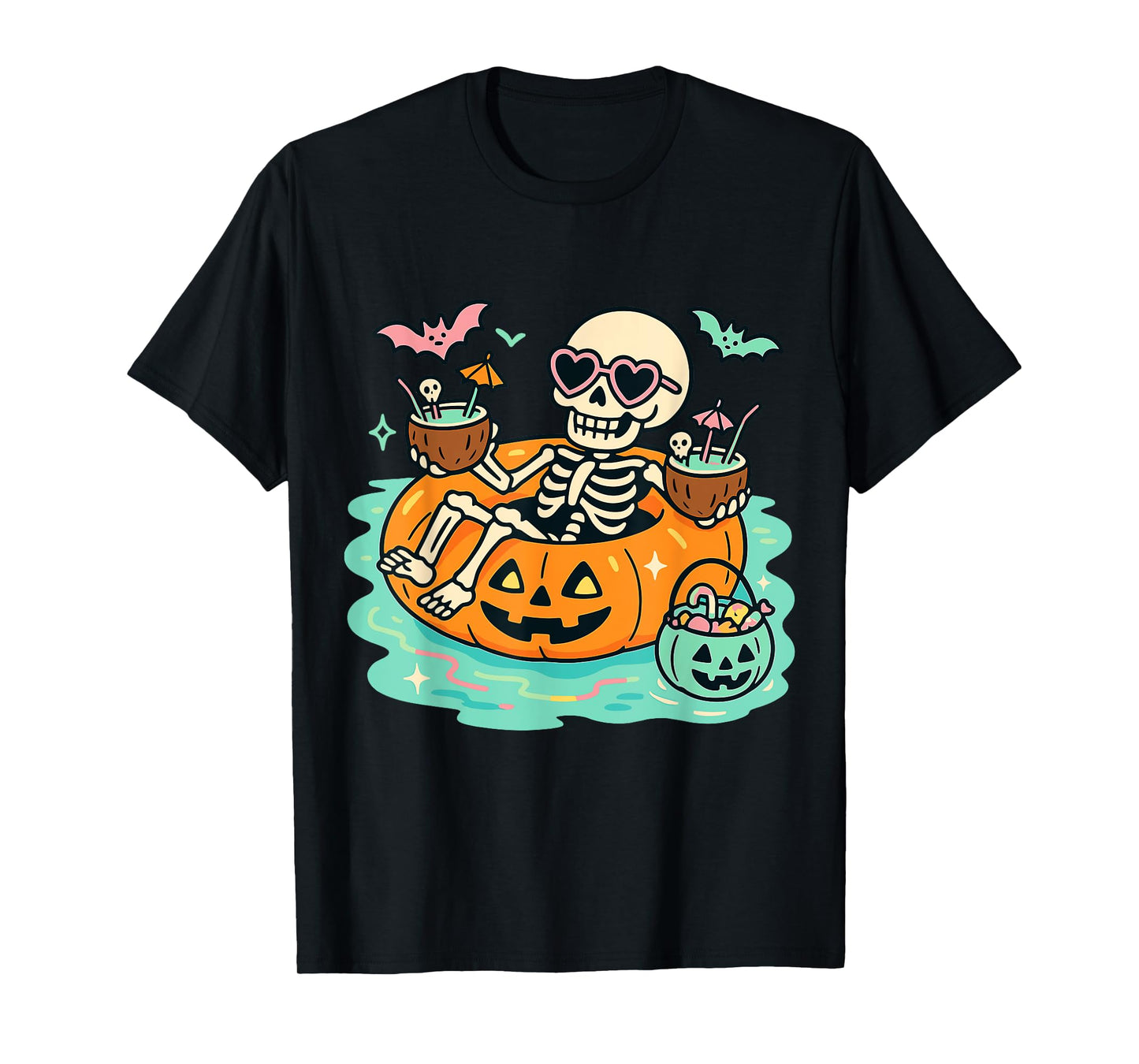 Summer Skeleton in Pumpkin Float Cute Spooky Pool Halloween T-Shirt