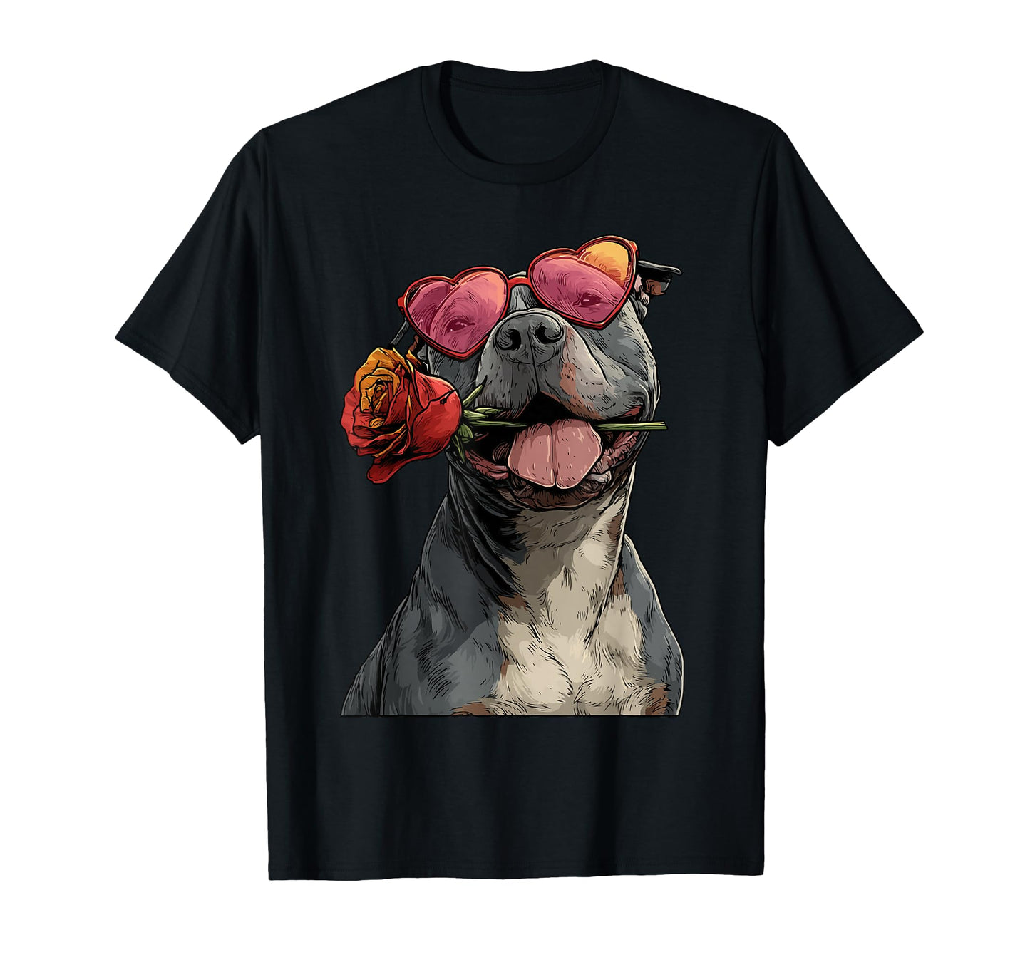 Cute Pit Bull with Heart Glasses Rose Valentine's Day Dog T-Shirt