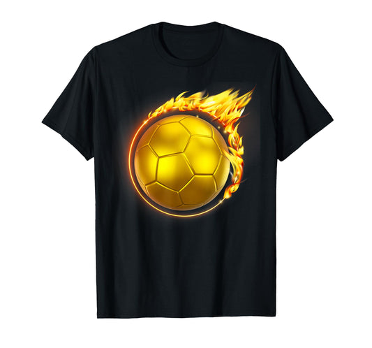 Gold Soccer Ball Flames Flaming Flying Soccer Ball on Fire T-Shirt