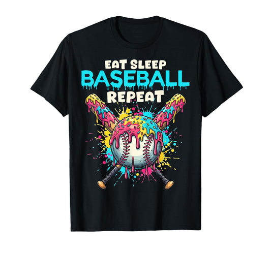 Eat Sleep Baseball Repeat Funny Ice Cream Drip Crossed Bats T-Shirt