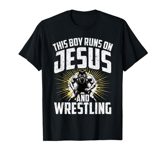 This Boy Runs on Jesus and Wrestling Christian Athlete T-Shirt