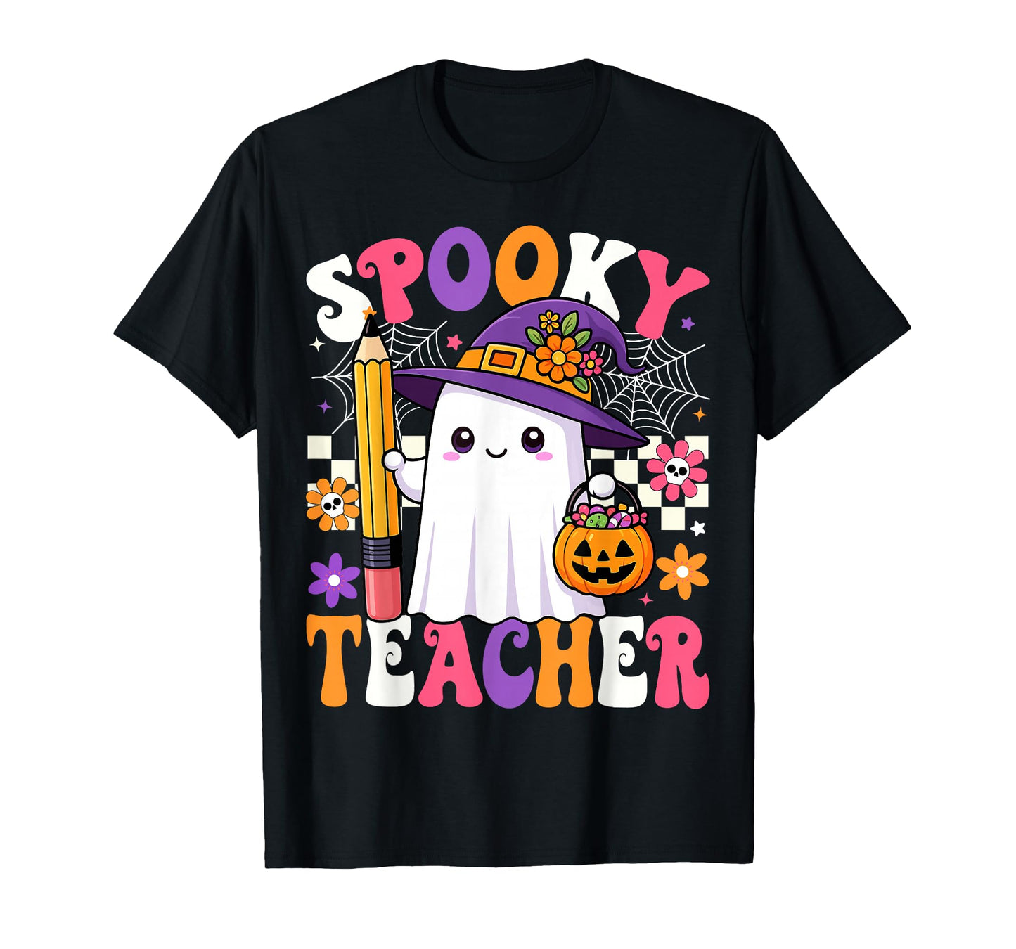 Spooky Teacher Ghost Pencil Teach Funny Halloween Teacher T-Shirt