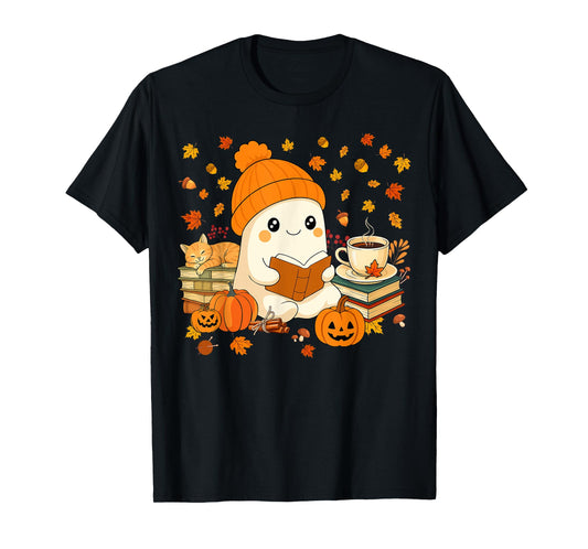 Cute Ghost Reading Book Lovers Autumn Fall Halloween Ghost T-Shirt
