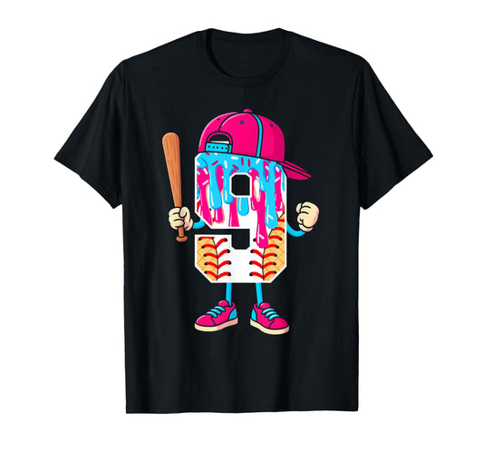 Baseball 9 Year Old Ice Cream Drip 9th Birthday Boy Number 9 T-Shirt