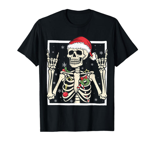 Rocker Skeleton Santa Hat Cool Christmas Punk Rock Men Boys T-Shirt
