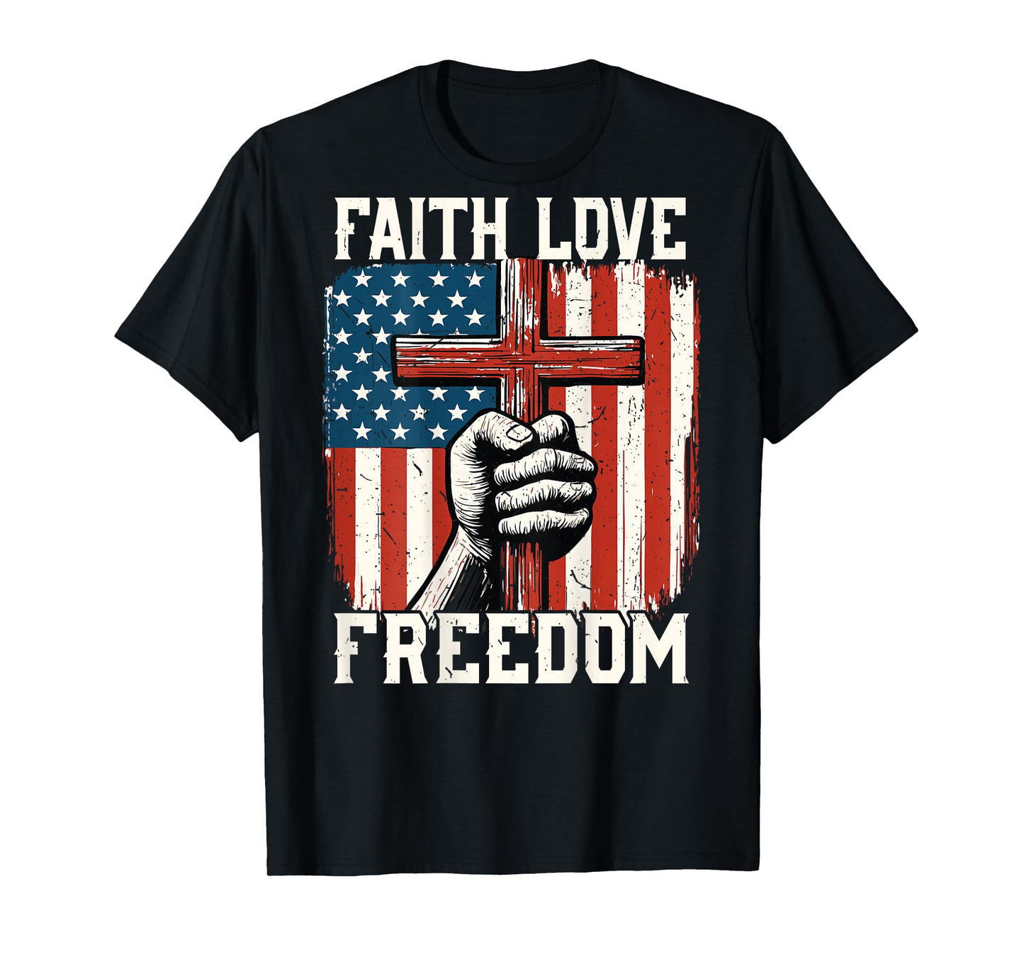 On-Back Faith Love Freedom Patriotic Christian Cross US Flag T-Shirt