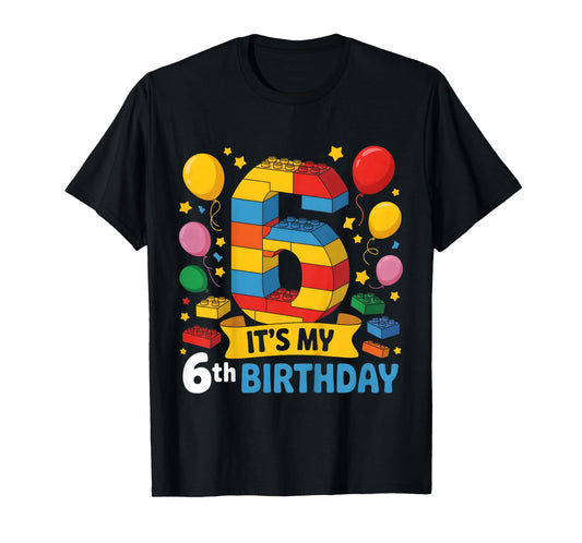 Kids Number Blocks 6th Birthday 6 Year Old Building Theme Party T-Shirt