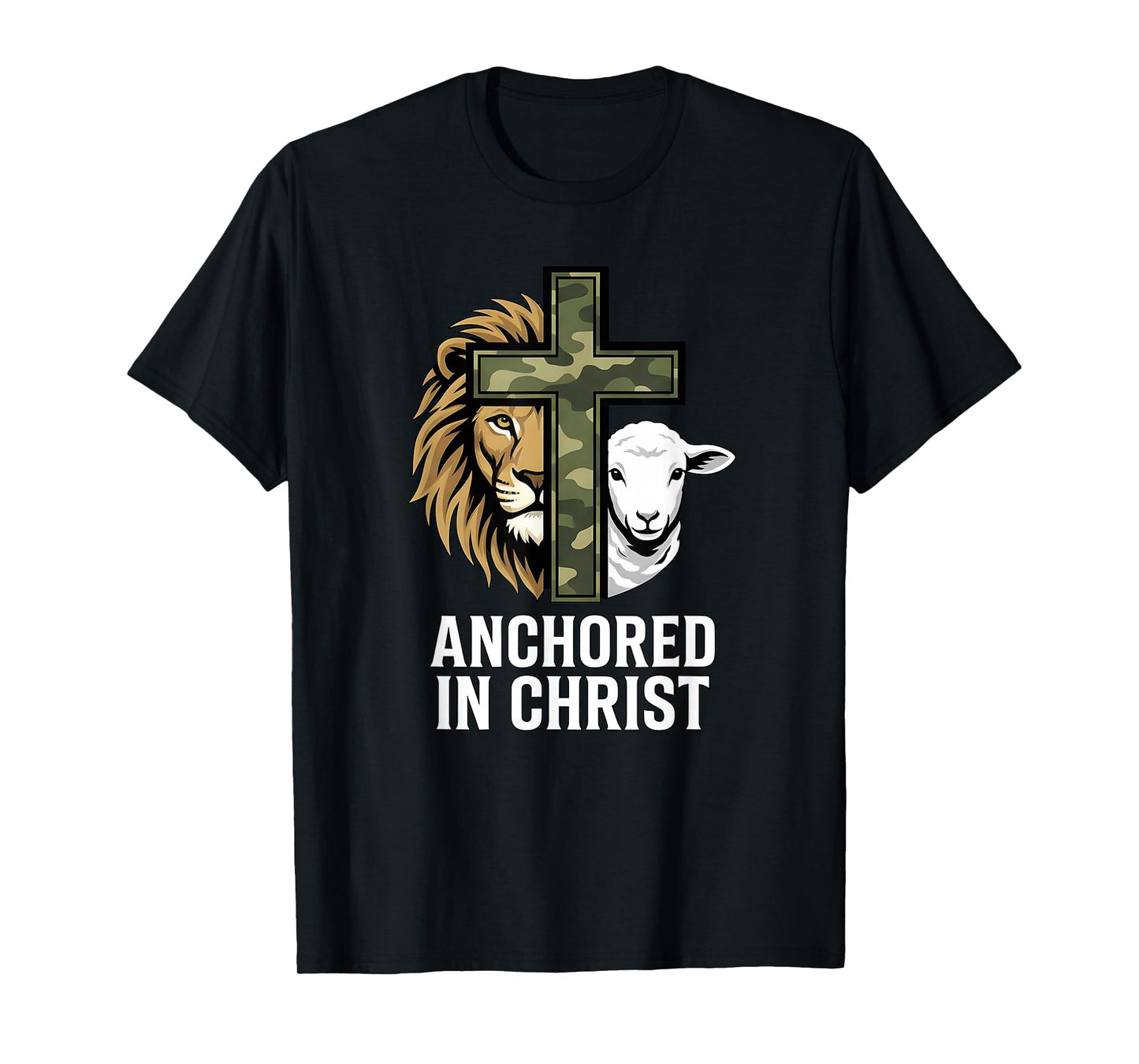 Christian Faith Anchored in Christ Camo Cross Lion Sheep T-Shirt