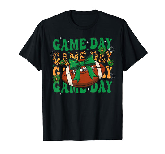Green Leopard Game Day Football Bow Touchdown Season T-Shirt