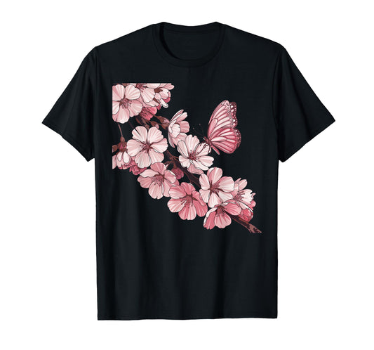 Sakura Blossom and Butterfly Japanese Art and Cherry Blossom T-Shirt